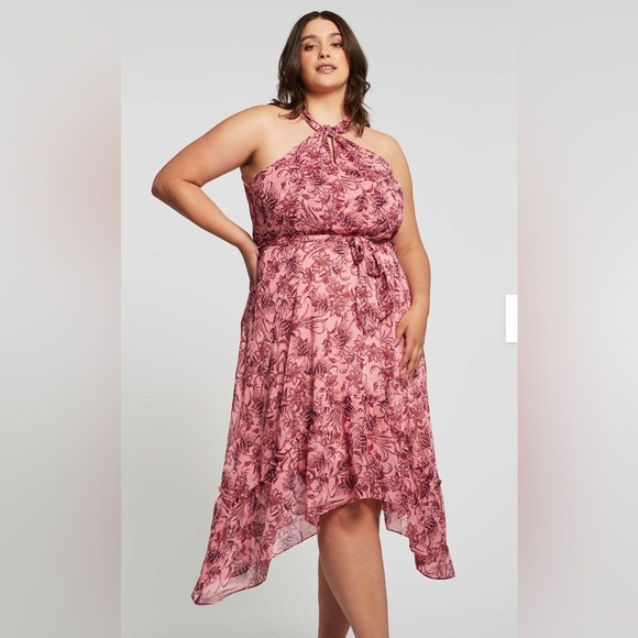 Estelle Red Sophia Floral Halter Neck Midi Dress Tiered Skirt  Size 2X/20W NWT - Picture 2 of 15